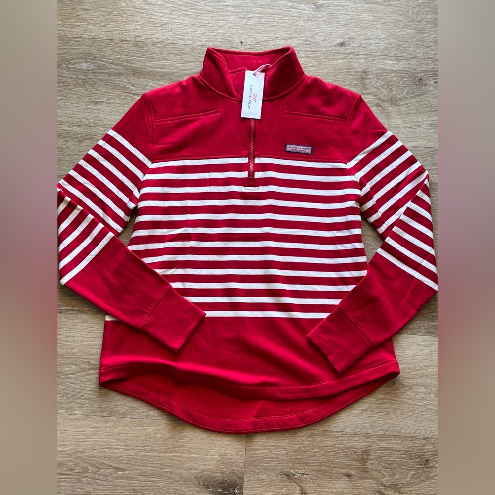 Vineyard Vines Red and White Striped Quarter-Zip Pullover